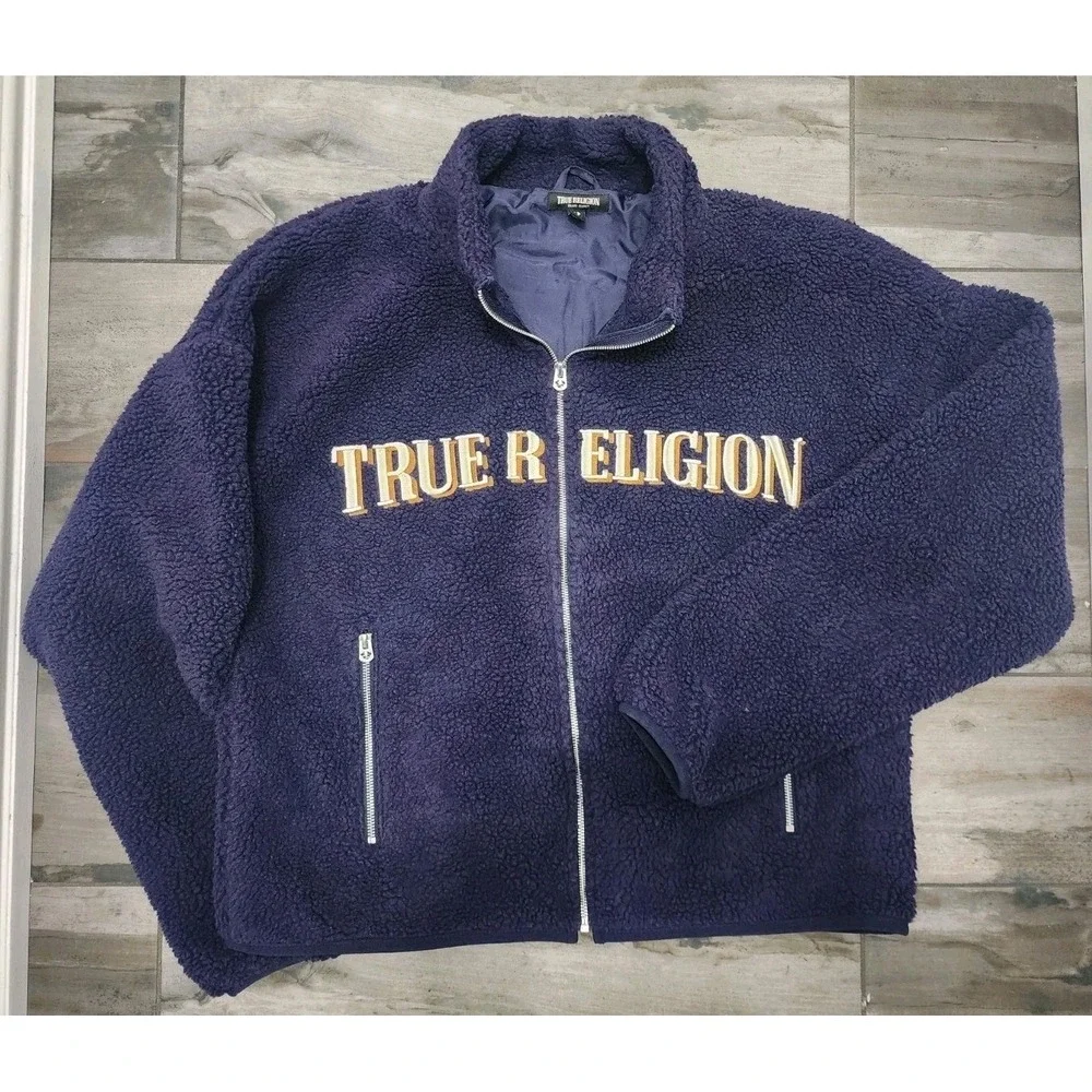 True Religion Mens TR Logo Sherpa Jacket Eclipse Navy Blue Fleece 110299 Size M